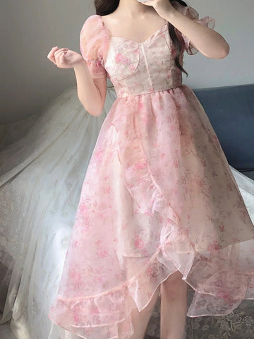 Niulatu High Low Square Neckline Floral Holiday Dress Birthday Dresses Birthday Outfits SD1307
